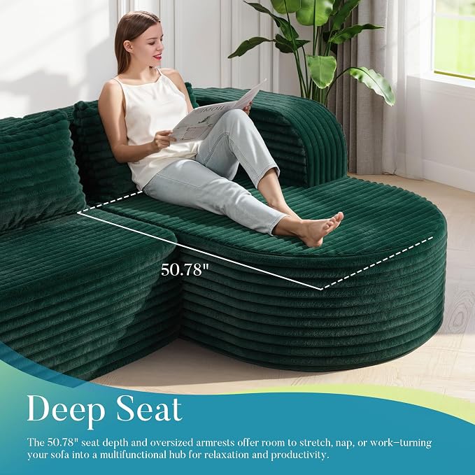 Hobestluk Modular Sectional Sofa Couches L-Shape Couch 3 Seat Modular Sofa Memory Foam Sectional Couches for Living Room, Cloud Couch (Round Green, 96", Right Hand Facing)
