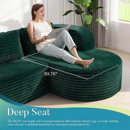 Hobestluk Modular Sectional Sofa Couches L-Shape Couch 3 Seat Modular Sofa Memory Foam Sectional Couches for Living Room, Cloud Couch (Round Green, 96", Right Hand Facing)