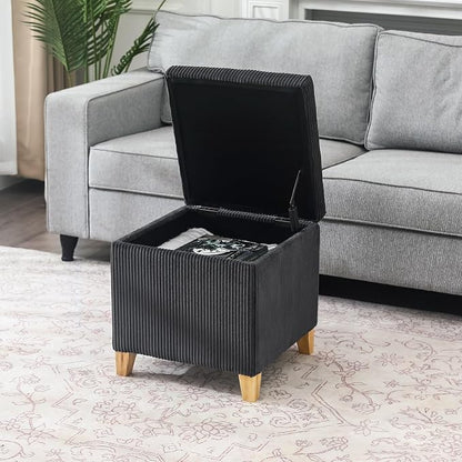 Adeco Faux Fur Storage Ottoman Cube, 18" High Fluffy Grey Foot Stool with Hinged Lid, Upholstered Small Bench for Living Room Bedroom, Solid Wood Legs