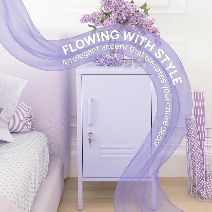 Single Door Lockable Metal End Table & Children's Bedside Table, 2-Tier Storage Cabinet with Adjustable Shelf, Easy Assembly Side Table for Living Room Bedroom Home Office Purple