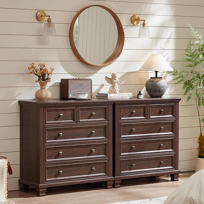SAVOR LIFE Farmhouse Dresser and Nightstand Sets of 3, 5 Drawer Dresser & 2 Drawer Nightstand, Rustic Brown Bedroom Furniture Set for Home, Bedroom, Hallway, Walnut