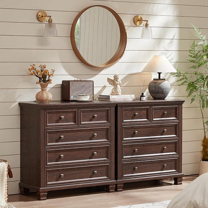 SAVOR LIFE Farmhouse Dresser and Nightstand Sets of 3, 5 Drawer Dresser & 2 Drawer Nightstand, Rustic Brown Bedroom Furniture Set for Home, Bedroom, Hallway, Walnut