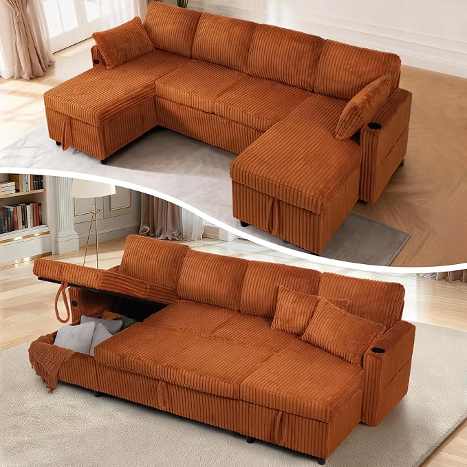110" Corduroy U-Shape Sofa Bed with Adjustable Backrests, Upholstered Pull Out Sofa Bed with USB Ports, Convertible Sectional Sleeper Couch with Storage Chaise for Living Room, House, Orange