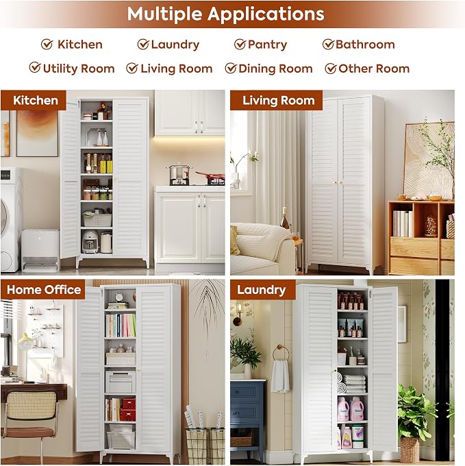 Metal Kitchen Pantry Cabinet with 2 Doors,Metal Pantry Cabinet with 5 Adjustable Shelves for Kitchen,Home,74.2" H × 31.5" W × 15.75" D,Required Assembly, White
