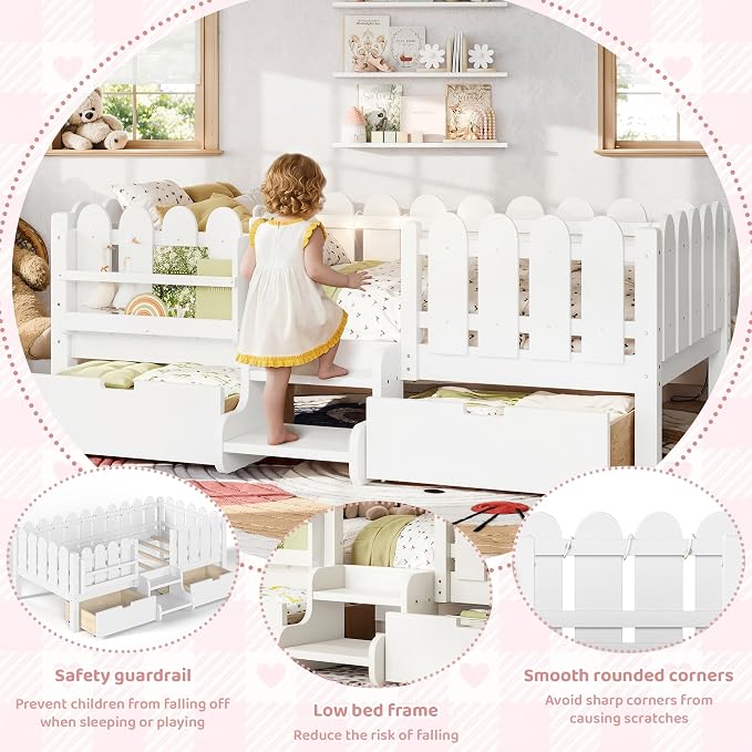 Bellemave Twin Kids Montessori Bed with Stairs, Bookshelf and LED Lights, Solid Wood Kids Bed Frame with Storage Drawers for Boys Girls, Low Profile,White