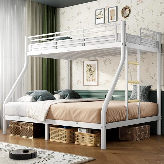 Twin XL Over Queen Bunk Bed Size, Heavy Duty Bunk Beds with Bottom Space & Guardrail Metal Bunk Bed Frame for Adults Dorm Bedroom Guest Room, No Box Spring Needed（Upgrate White）
