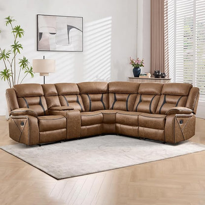 EBELLO Manual Reclining Sectional Sofa for Living Room, L-Shaped Sectional Corner Reclining Sectional Couches Home Furniture Set with Center Console, Hidden Cup Holders and Storage, Brown