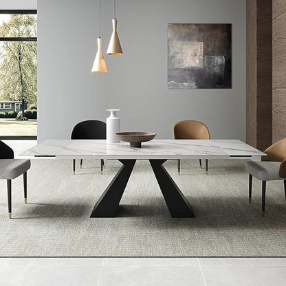 Modern Telescoping Dining Table for 8-10 People, 63-94.5 Inch Retractable White Simulated Marble Tabletop Thick Carbon Steel Base for Dining Room Kitchen Family Party