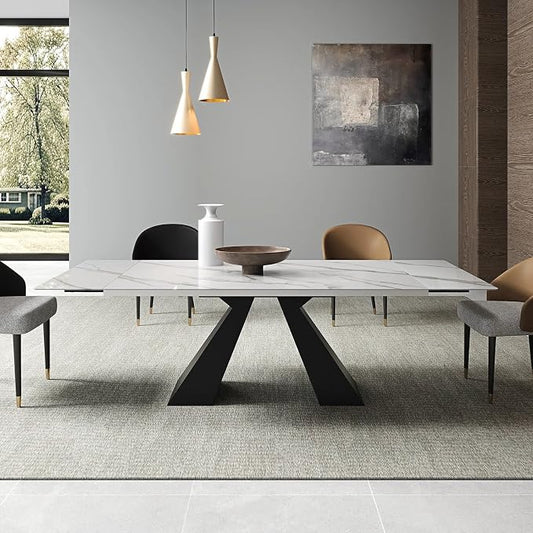 Modern Telescoping Dining Table for 8-10 People, 63-94.5 Inch Retractable White Simulated Marble Tabletop Thick Carbon Steel Base for Dining Room Kitchen Family Party