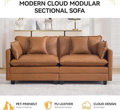 76'' Cloud Deep Seat Loveseat, Upholstered Leather Modular 2-Seats Sectional Sofa Couch, Modern Comfy Settee Loveseat for Living Room Set, Small Apartment, Leather Light Brown