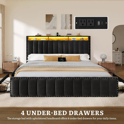 YITAHOME King Size Bed Frame with 4 Storage Drawers and RGB LED Lights, Velvet Upholstered Platform Bed with Charging Station and Bookcase Storage Headboard, No Box Spring Needed, Easy Assembly, Black