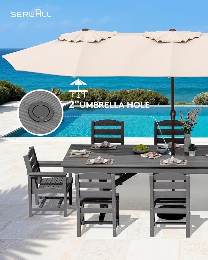 SERWALL 9 Piece 84" HDPE Outdoor Dining Set with 6 Armless Chairs, 2 Armchairs and Umbrella Hole for 8, Gray