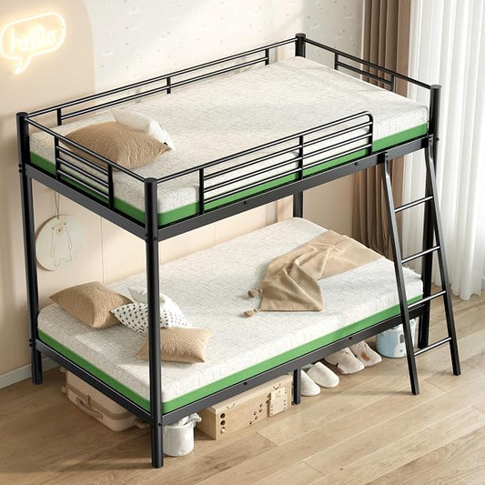 SDHYL Twin Over Twin Bunk Bed with Two Mattresses, All-in-One Metal Bunk Bed Set for Adults, Heavy Duty Sturdy Frame, 6 Inch Twin Memory Foam Mattresses Included, Idea for Dorms & Small Rooms