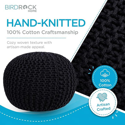 BIRDROCK HOME Round Pouf Ottoman Foot Rest - 18.5”x18.5”x15” Boho Compact Comfortable Soft Cotton Braided Foot Stool with Bean Bag Filling for Living Room, Bedroom, or Nursery (Black)