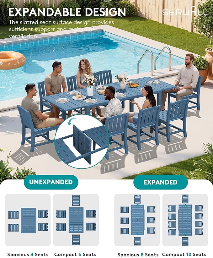 SERWALL 10-Piece Patio Dining Sets with 15FT Patio Umbrella, Blue | 60" - 83" Expandable Outdoor Dining Table and 8 HDPE Chairs, All Weather HDPE Outdoor Furniture Set