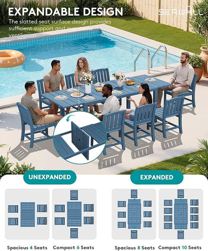SERWALL 10-Piece Patio Dining Sets with 15FT Patio Umbrella, Blue | 60" - 83" Expandable Outdoor Dining Table and 8 HDPE Chairs, All Weather HDPE Outdoor Furniture Set