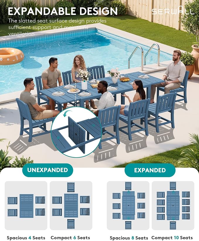 SERWALL Outdoor Patio Dining Set for 6, Blue | 60" - 83" Expandable Outdoor Dining Table and 6 HDPE Chairs, All Weather Material Outdoor Furniture Set Backyard, Garden