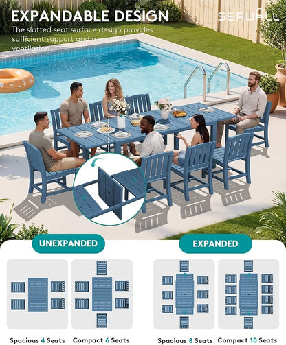 SERWALL Outdoor Expandable Dining Table 60" - 83", Blue | Patio Dining Table for 4-8 People, All Weather HDPE and Aluminum Outdoor Furniture