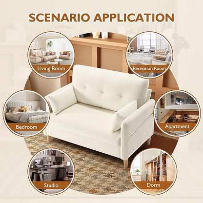Urhanherry 47" Small Sofa Couch, Soft Chenille loveseat Mini Couch with Throw Pillow and Removable Cushion Cover for Small Spaces, Bedroom, Apartment, Dorm, Office, Living Room(Beige)