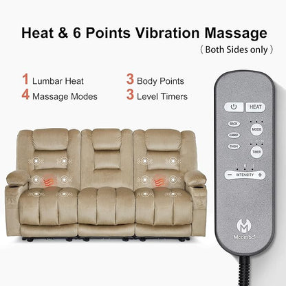 MCombo Zero Gravity Power Reclining Sofa with Heat and Vibration Massage, 3 Seater Reclining Couch with USB Ports, Cup Holders for Living Room, Fabric PR648SET (Beige)