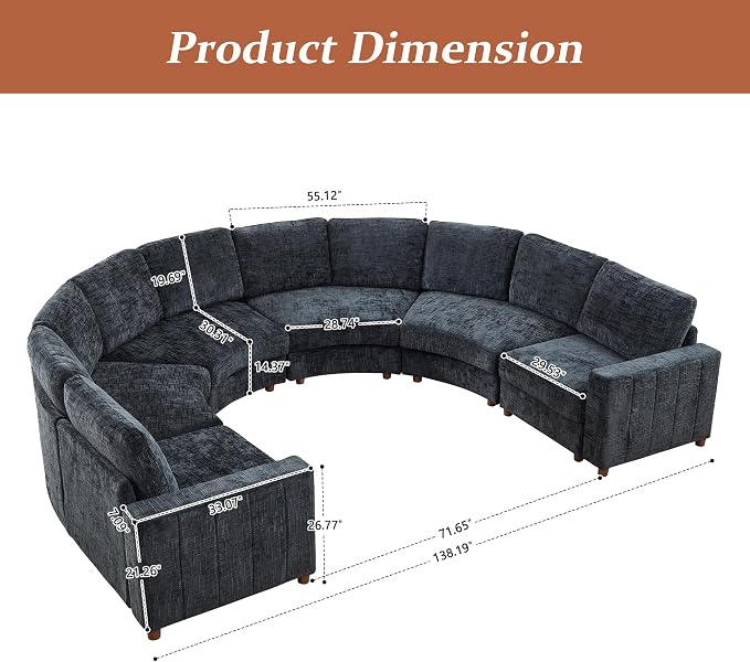 ORRD Oversized Curved Sectional Sofa, Convertible U Shaped Couch with Deep Seat, Boucle Modular Sectional Sofa with Pillows, Chenille Comfy 6 Seat Couch for Living Room, Black Blue