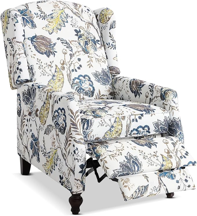 Upholstered Wingback Recliner Chair - Traditional Push Back Recliner Chair with Padded Seat, Fabric Floral Recliner Chair, Wingback Chair Small Recliners for Small Spaces