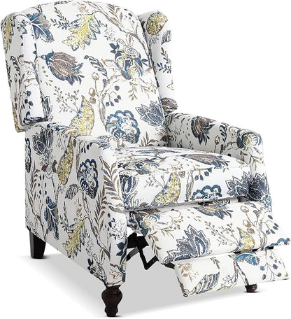 Upholstered Wingback Recliner Chair - Traditional Push Back Recliner Chair with Padded Seat, Fabric Floral Recliner Chair, Wingback Chair Small Recliners for Small Spaces