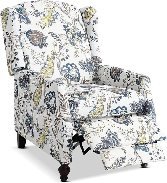 Upholstered Wingback Recliner Chair - Traditional Push Back Recliner Chair with Padded Seat, Fabric Floral Recliner Chair, Wingback Chair Small Recliners for Small Spaces