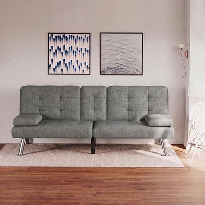 Flamaker Futon Sofa Bed Modern Folding Futon Set Linen Fabric Convertible Recliner Lounge for Living Room with 2 Cup Holders, Removable Armrests (Fabric, Grey)