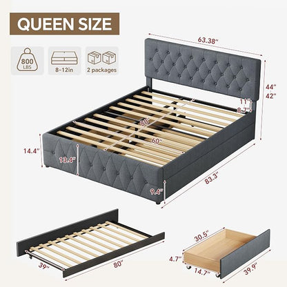Queen Bed Frame with 2 Wood Storage Drawers & Pull‑Out Trundle Bed,Upholstered Platform Bed Frame Queen Size with Adjustable Headboard,Wooden Slats Support,No Box Spring Needed,Dark Gray