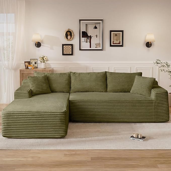 95" L Shaped Cloud Boneless Sectional Couches for Living Room, Modern Comfy Modular Deep Seat Memory Foam Compressed Corduroy Sofa Oversized Left Facing Chaise, No Assembly Required, Green