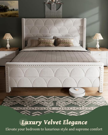 OHOHOLIVE King Size Bed Frame with 56" Headboard - Velvet Upholstered Wingback Platform Bed Frame, Noise Free, Sturdy Wooden Slat Support (Cream, King)