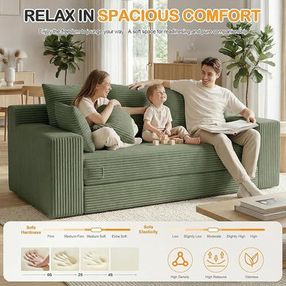 Oversize Loveseat Boneless Convertible Sofa Bed, Folding Floor Futon Sleeper Sofa Queen Size Couch Bed- Boneless Foldable Couch, Corduroy Pull Out Sofa Bed with 5 Pillows for Living Room & Bedroom