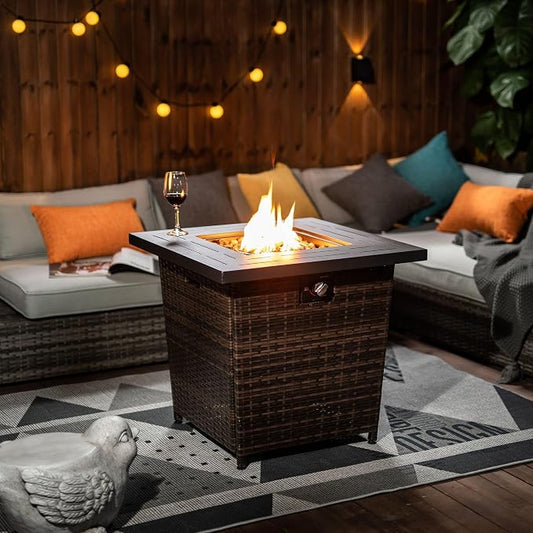 GDFStudio 28" Outdoor Propane Gas Fire Pit Table, 50000 BTU Square Patio Heater with Rattan Wicker Base & Black Steel Top, Outdoor Table for Garden, Deck, Backyard, Brown