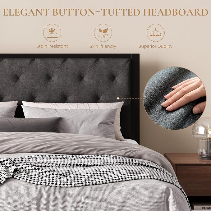 SHA CERLIN Queen Size Metal Bed Frame and Linen Tufted Headboard, Dark Gray | Modern Design Heavy-Duty Platform Bed, No Box Spring Need, Linen Fabric Upholstery, Noise Free, Easy Assembly