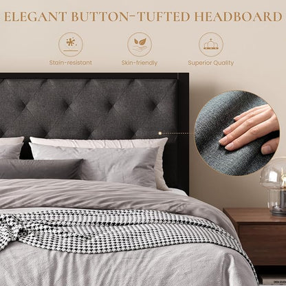 SHA CERLIN Queen Size Metal Bed Frame and Linen Tufted Headboard, Dark Gray | Modern Design Heavy-Duty Platform Bed, No Box Spring Need, Linen Fabric Upholstery, Noise Free, Easy Assembly