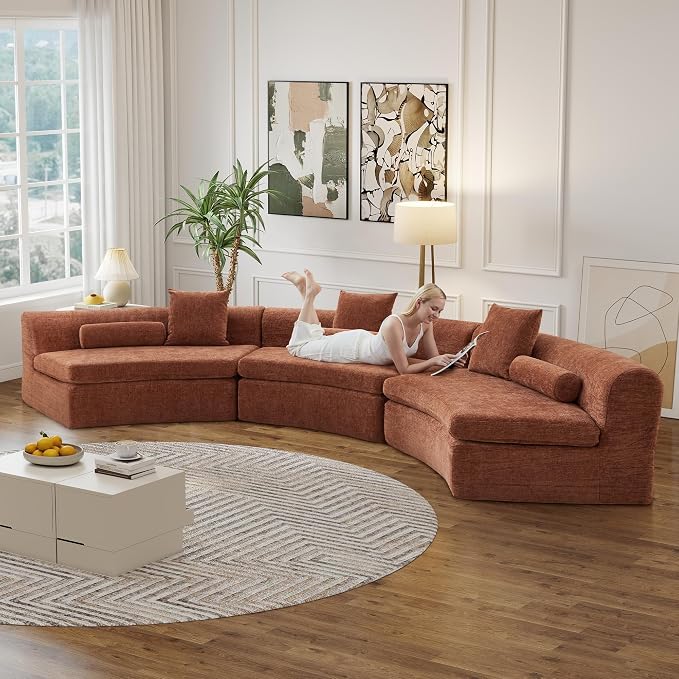 AVZEAR Curved Modular Sectional Sofa, Chenille Upholstered Cloud 3 Seater Couch for Living Room, No Assembly Modern Love Seat Sofa with 3 Bolster Pillows & 3 Square Pillows, High-Density Foam, Orange