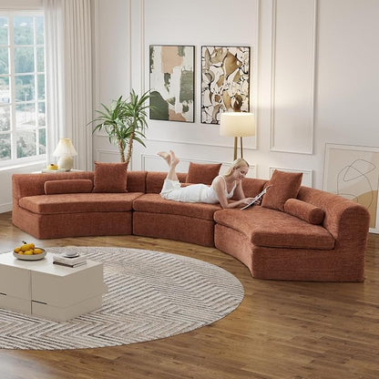 AVZEAR Curved Modular Sectional Sofa, Chenille Upholstered Cloud 3 Seater Couch for Living Room, No Assembly Modern Love Seat Sofa with 3 Bolster Pillows & 3 Square Pillows, High-Density Foam, Orange