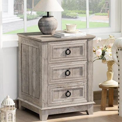 Joaxswe 18" Farmhouse Night Stand with 3 Drawers, Wood End Table Dresser for Bedroom, Retro Oak Nightstand, Bed Side Table with Metal Handle, Bedside Cabinet for Bedroom Living Room, Closet