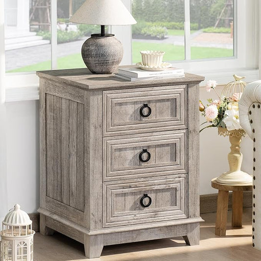 Joaxswe 18" Farmhouse Night Stand with 3 Drawers, Wood End Table Dresser for Bedroom, Retro Oak Nightstand, Bed Side Table with Metal Handle, Bedside Cabinet for Bedroom Living Room, Closet