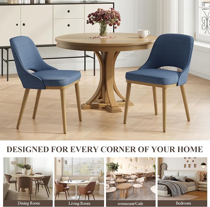 Modern Upholstered Dining Chairs Set of 6, Open Back with Solid Wood Legs, Ergonomic Curved Back Fabric Kitchen Chairs for Dining Room & Kitchen, Living Room Side Chairs, Farmhouse, Blue
