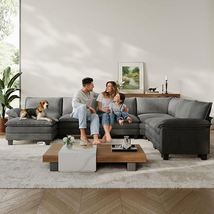 LINSY HOME Modular Sectional Sofa 6 Seat Couch Corduroy Cloud Couch with Deep Seat, Modern C-Shaped Cloud Couch for Living Room, Office, Bedroom, Grey