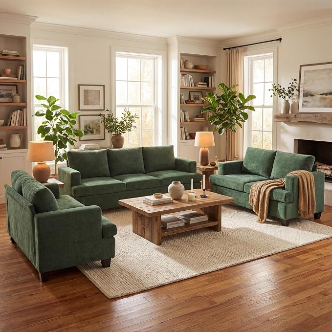 YOUDENOVA Sofa Couch, 3 Piece Set Comfy Sofa, 2 Loveseat & 3 Seater Sofa with Deep Seats for Living Room, Modern Sleeper Couch, Green Chenille