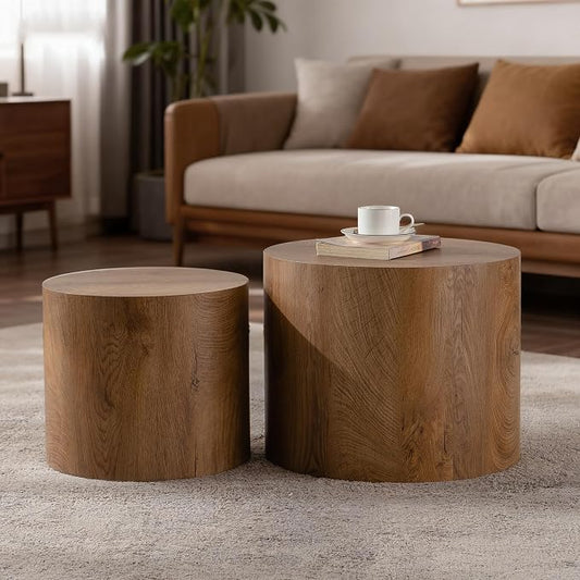 Nesting Round Coffee Table Set of 2, Accent End Table for Small Spaces, Morden Drum Side Table, Wooden Circle Center Table for Living Room, Fully Assembled - Light Walnut
