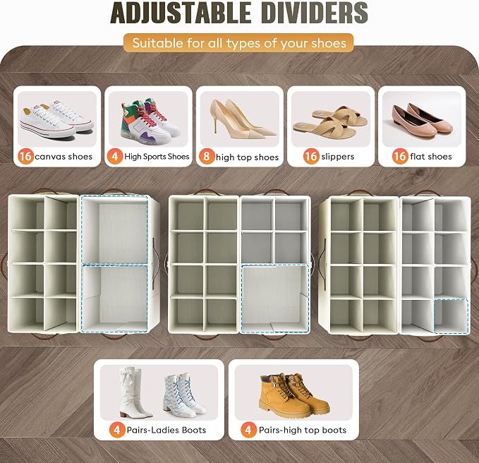 Budding Joy 2 Pack Shoe Organizer for Closet, Clear Foldable Shoe Storage Containers Adjustable Dividers Fits 16 Pairs,Shoe Storage Bins Baskets Boxes with Reinforced Handles Beige Yellow Beige | Farbic shoe storage organizer box bin with clear cover, ...