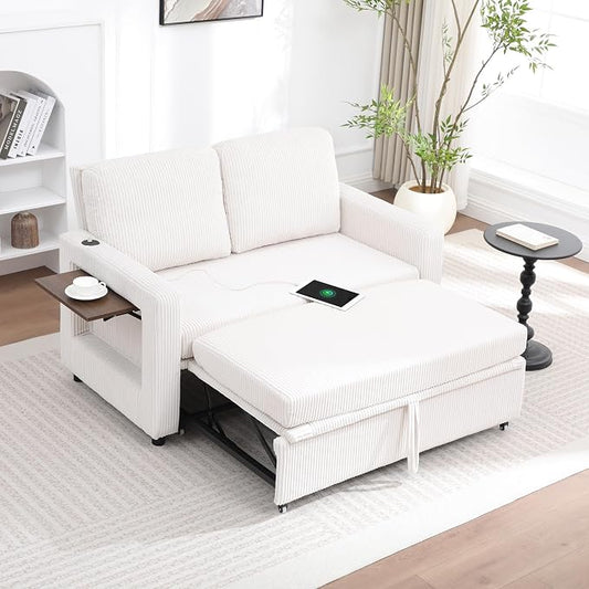 3 in 1 Folding Convertible Sleeper Sofa Bed Pull Out Couch with Side Pockets USB Port Side Table Loveseat Sofa Bed with Adjustable Backrest for Living Room Bedroom 66" Beige 2 SEAT