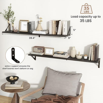 Axeman 40 Inch Floating Shelves, 8'' Deep Black Wall Shelves Set of 2, Rustic Wood Bookshelf, Floating Shelves for Bathroom Living Room Home Office Kitchen