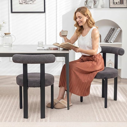 Boucle Dining Chairs Set of 6 Kitchen & Dining Room Chairs(Gray) | Mid Century Modern Upholstered Dining Chairs with Curved Backrest and Black Metal Legs