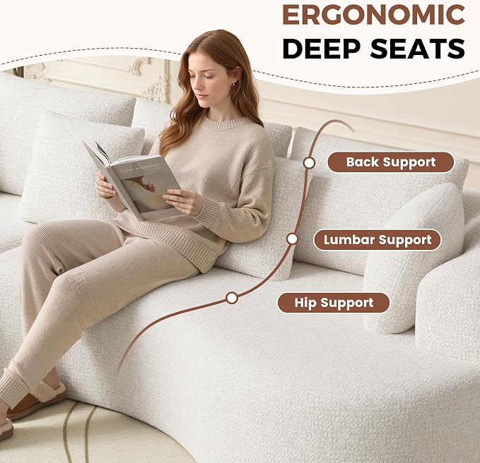 Luxanimarion 124" Curved Modular Sectional Sofa Oversized, L-Shape Boneless Couches for Living Room with Deep Seat and 7 Pillows, High-Density Memory Foam, Beige Chenille Fabric, No Assembly Required