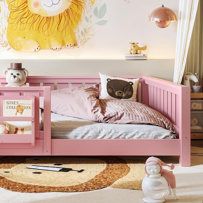Bellemave Full Floor Bed with Slats and Rails, Full Size Montessori Floor Bed with Bookcase and Fence, Easy Assemble Montessori Beds for Girls, Boys, Pink Floor Beds
